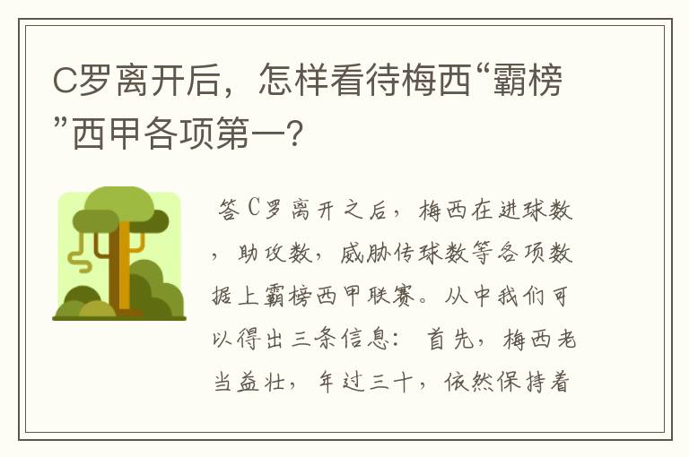 C罗离开后,怎样看待梅西“霸榜”西甲各项第一?