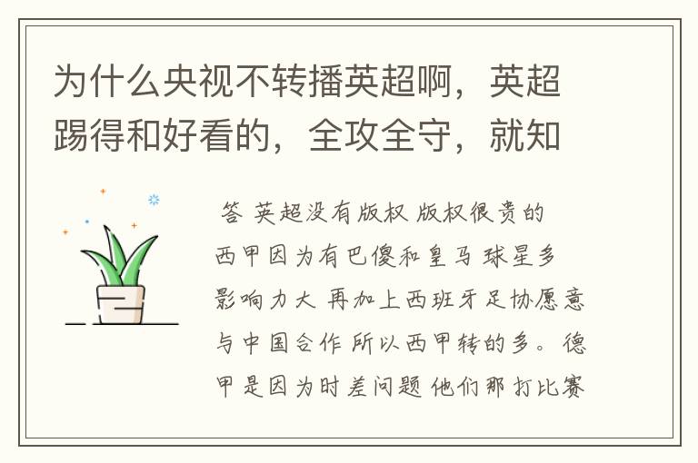 为什么央视不转播英超啊,英超踢得和好看的,全攻全守,就知道转西甲。郁闷的是德甲很少人看啊,转的最多