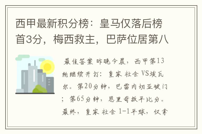 西甲最新积分榜:皇马仅落后榜首3分,梅西救主,巴萨位居第八
