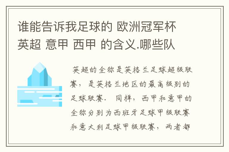 谁能告诉我足球的 欧洲冠军杯 英超 意甲 西甲 的含义.哪些队 怎么进行比赛的.