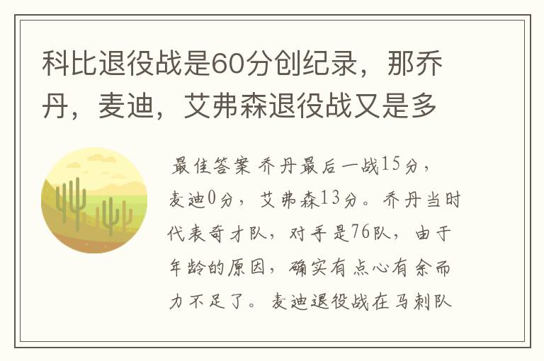 科比退役战是60分创纪录,那乔丹,麦迪,艾弗森退役战又是多少分?