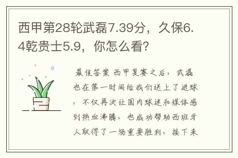 西甲第28轮武磊7.39分,久保6.4乾贵士5.9,你怎么看?