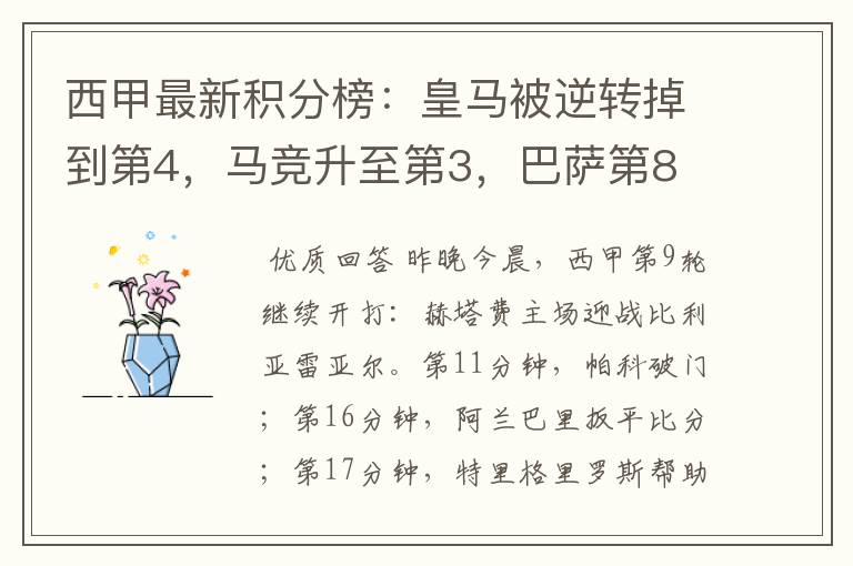 西甲最新积分榜:皇马被逆转掉到第4,马竞升至第3,巴萨第8