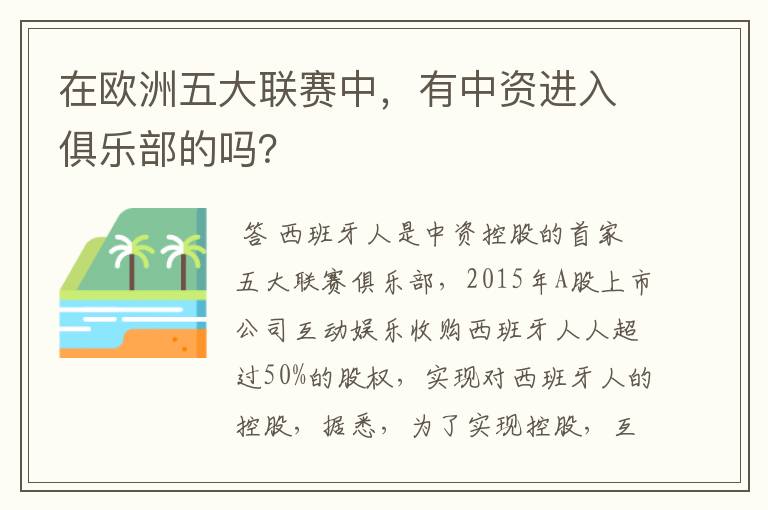 在欧洲五大联赛中,有中资进入俱乐部的吗?