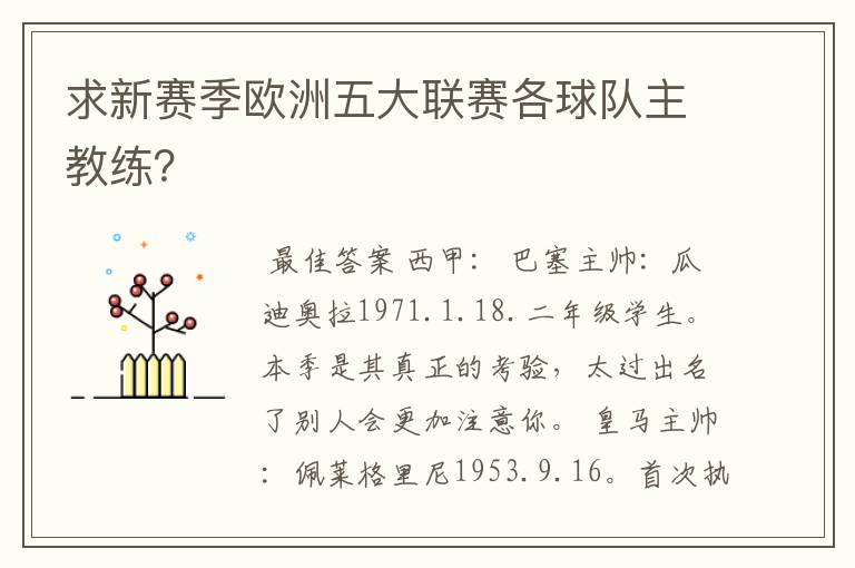 求新赛季欧洲五大联赛各球队主教练?