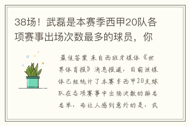 38场!武磊是本赛季西甲20队各项赛事出场次数最多的球员,你怎么看?