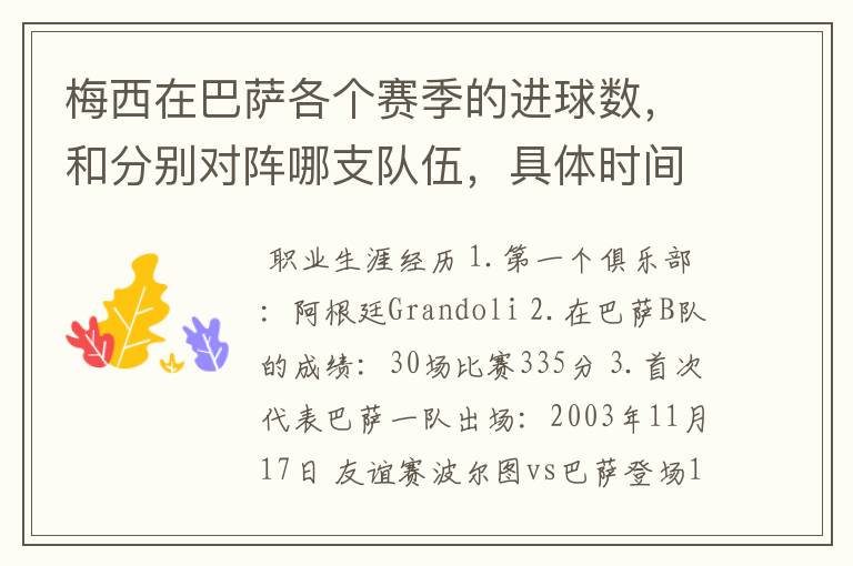 梅西在巴萨各个赛季的进球数,和分别对阵哪支队伍,具体时间,以及助攻数,反正越详细越好,非常感谢!