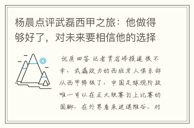 杨晨点评武磊西甲之旅:他做得够好了,对未来要相信他的选择