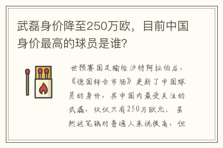 武磊身价降至250万欧,目前中国身价最高的球员是谁?