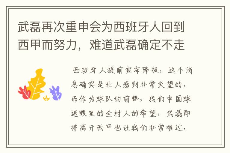 武磊再次重申会为西班牙人回到西甲而努力,难道武磊确定不走了?