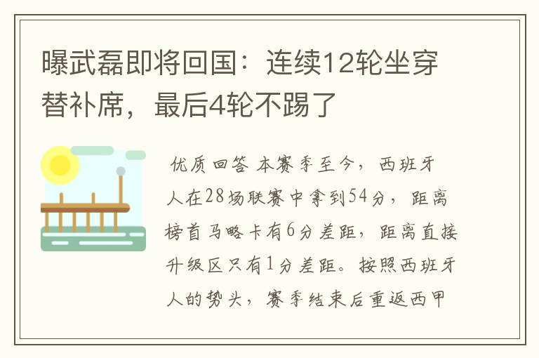曝武磊即将回国:连续12轮坐穿替补席,最后4轮不踢了