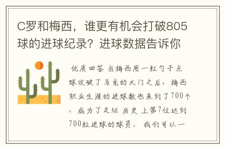 C罗和梅西,谁更有机会打破805球的进球纪录?进球数据告诉你答案