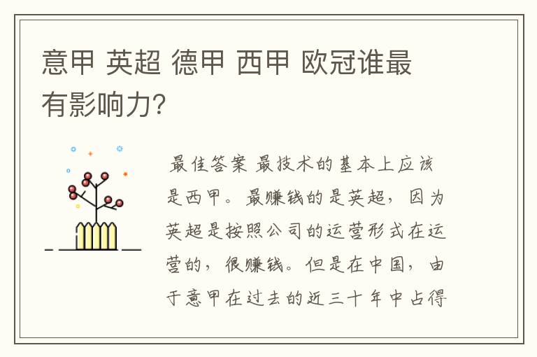意甲 英超 德甲 西甲 欧冠谁最有影响力?
