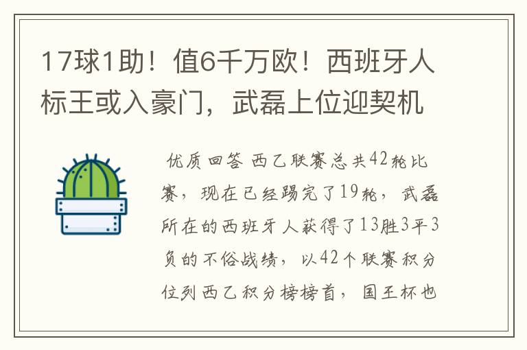 17球1助!值6千万欧!西班牙人标王或入豪门,武磊上位迎契机