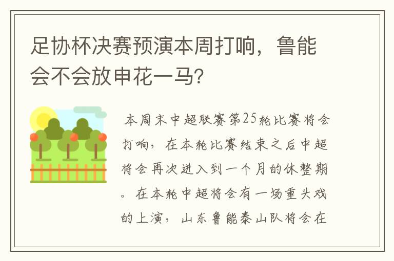 足协杯决赛预演本周打响,鲁能会不会放申花一马?