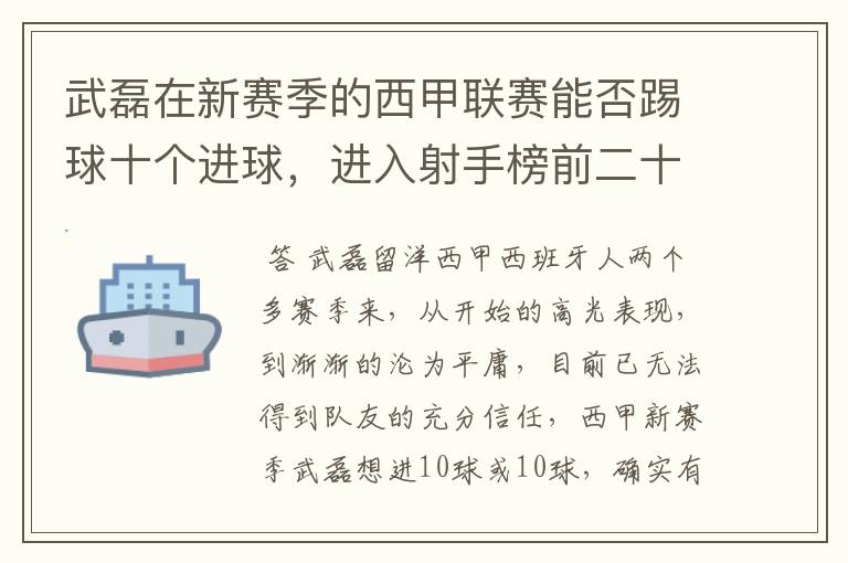 武磊在新赛季的西甲联赛能否踢球十个进球,进入射手榜前二十?
