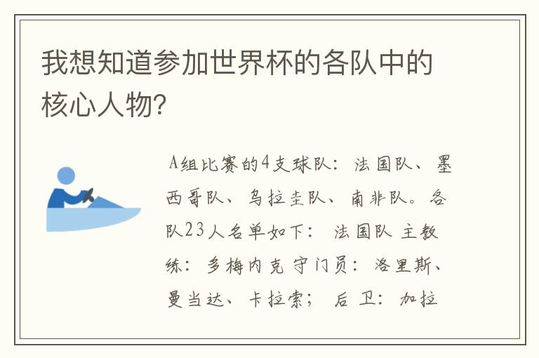 我想知道参加世界杯的各队中的核心人物?