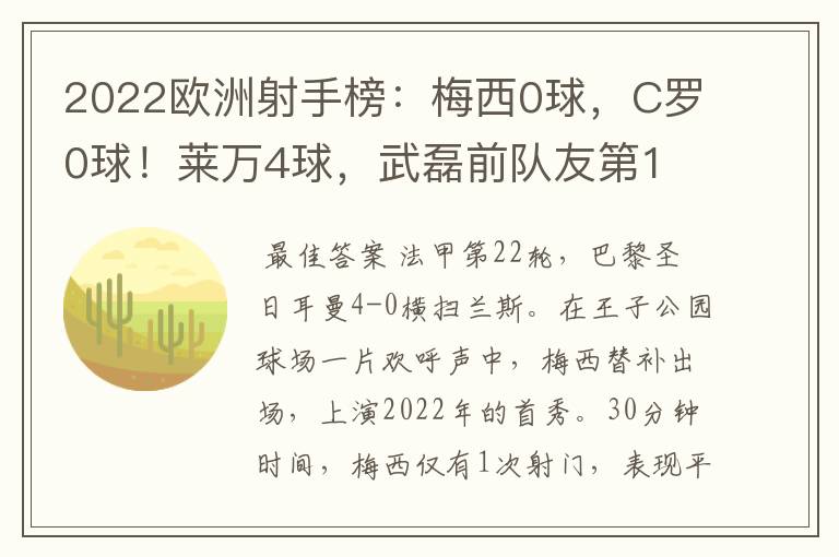 2022欧洲射手榜:梅西0球,C罗0球!莱万4球,武磊前队友第1