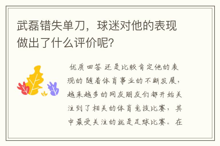 武磊错失单刀,球迷对他的表现做出了什么评价呢?