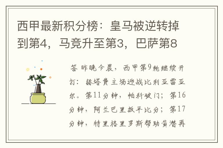 西甲最新积分榜:皇马被逆转掉到第4,马竞升至第3,巴萨第8