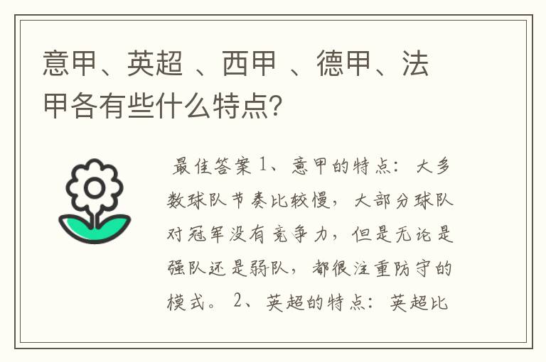 意甲、英超 、西甲 、德甲、法甲各有些什么特点?