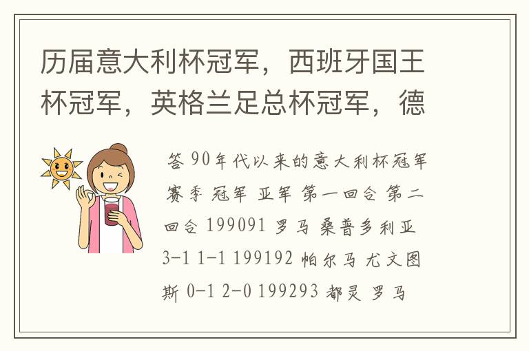 历届意大利杯冠军,西班牙国王杯冠军,英格兰足总杯冠军,德国杯冠军