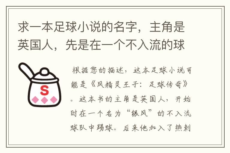 求一本足球小说的名字,主角是英国人,先是在一个不入流的球队然后到热刺,都叫他风精灵王子