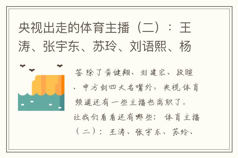 央视出走的体育主播(二):王涛、张宇东、苏玲、刘语熙、杨茗茗-