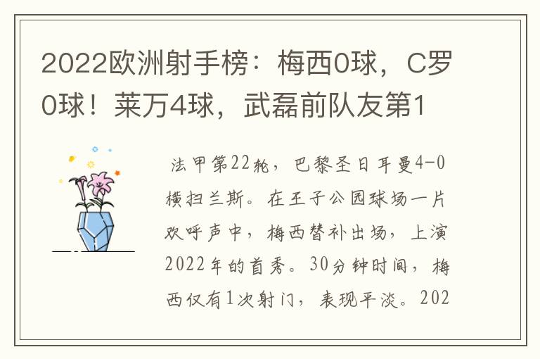 2022欧洲射手榜:梅西0球,C罗0球!莱万4球,武磊前队友第1