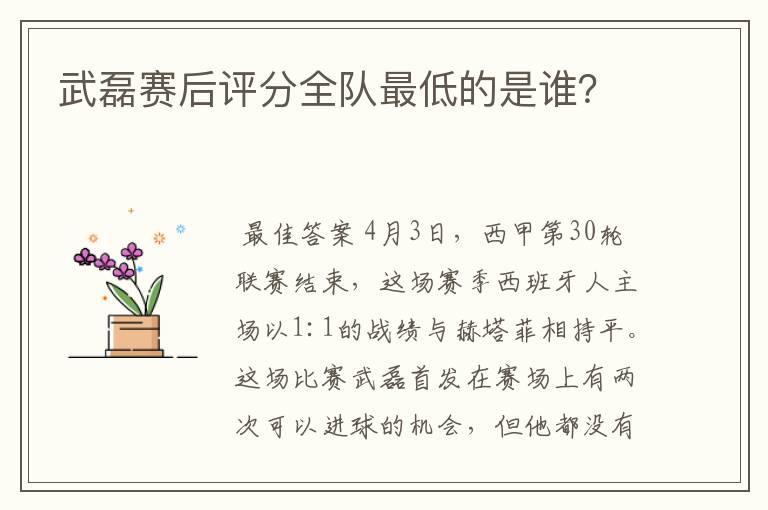 武磊赛后评分全队最低的是谁?