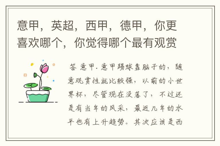 意甲,英超,西甲,德甲,你更喜欢哪个,你觉得哪个最有观赏性