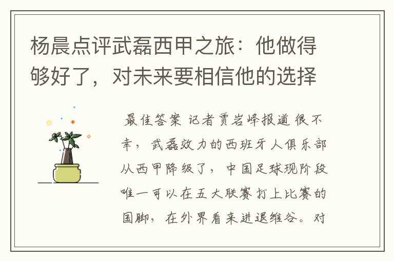 杨晨点评武磊西甲之旅:他做得够好了,对未来要相信他的选择