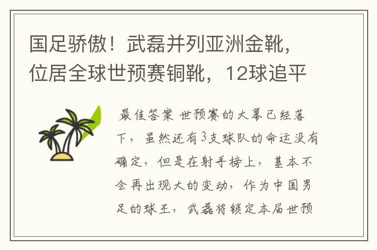 国足骄傲!武磊并列亚洲金靴,位居全球世预赛铜靴,12球追平凯恩