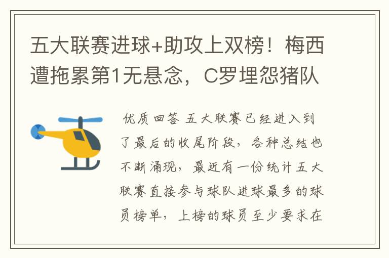 五大联赛进球+助攻上双榜!梅西遭拖累第1无悬念,C罗埋怨猪队友