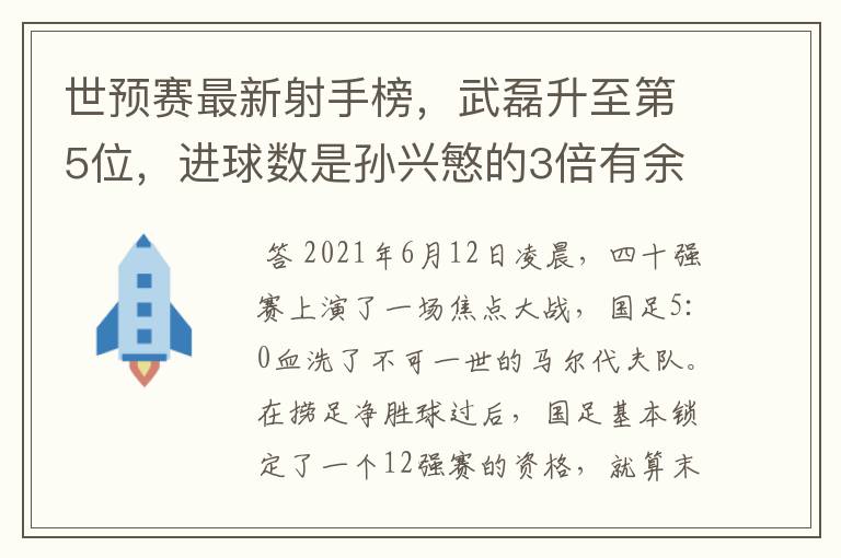 世预赛最新射手榜,武磊升至第5位,进球数是孙兴慜的3倍有余