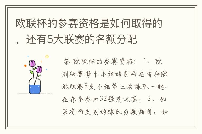 欧联杯的参赛资格是如何取得的,还有5大联赛的名额分配