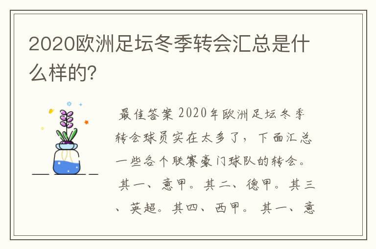 2020欧洲足坛冬季转会汇总是什么样的?