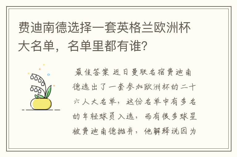 费迪南德选择一套英格兰欧洲杯大名单,名单里都有谁?