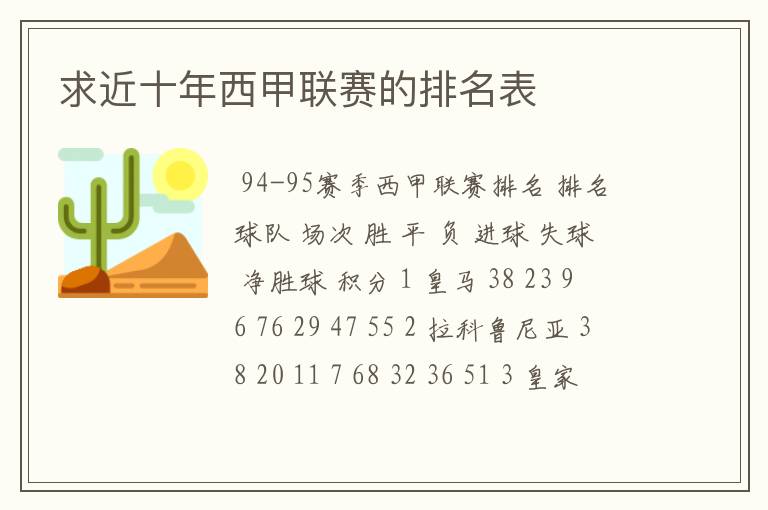 求近十年西甲联赛的排名表
