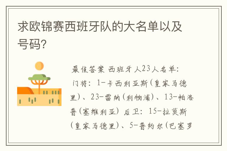 求欧锦赛西班牙队的大名单以及号码?