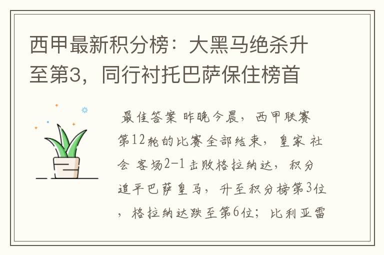 西甲最新积分榜:大黑马绝杀升至第3,同行衬托巴萨保住榜首