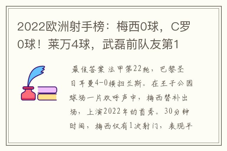2022欧洲射手榜:梅西0球,C罗0球!莱万4球,武磊前队友第1