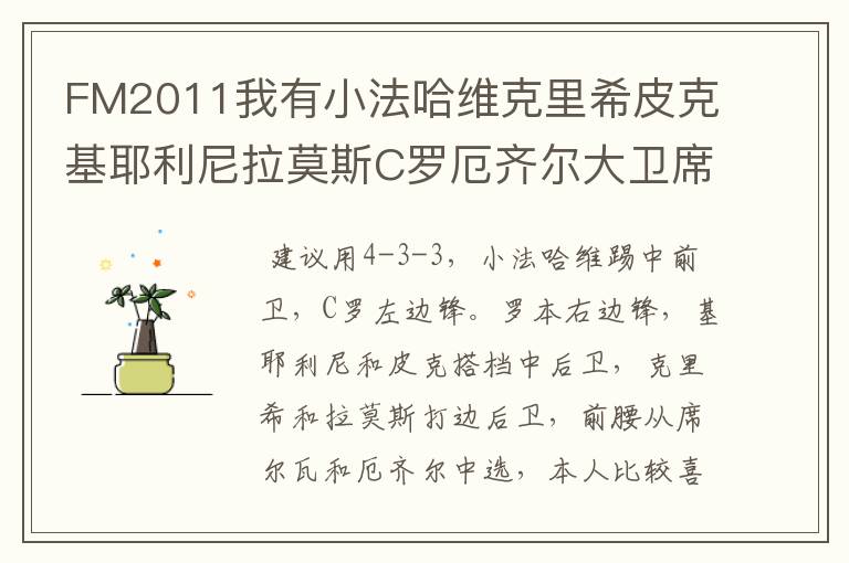 FM2011我有小法哈维克里希皮克基耶利尼拉莫斯C罗厄齐尔大卫席尔瓦罗本