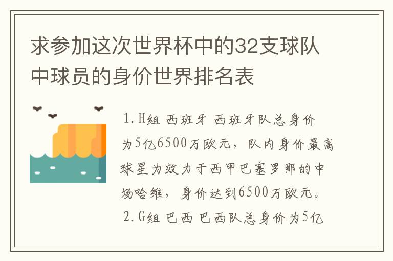 求参加这次世界杯中的32支球队中球员的身价世界排名表