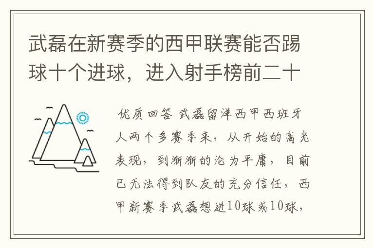 武磊在新赛季的西甲联赛能否踢球十个进球,进入射手榜前二十?