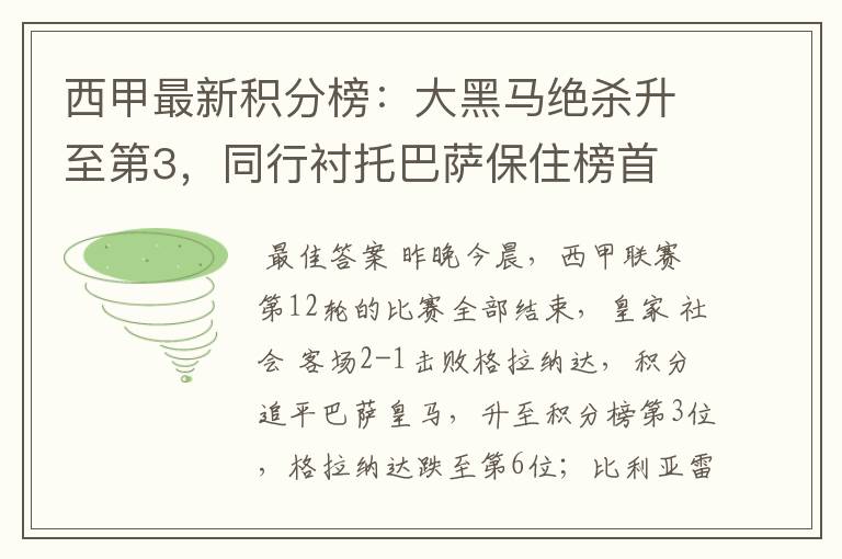 西甲最新积分榜:大黑马绝杀升至第3,同行衬托巴萨保住榜首