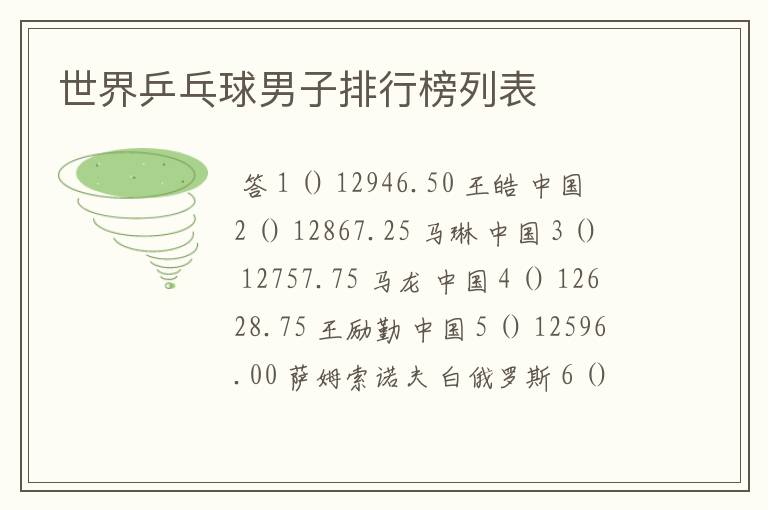 世界乒乓球男子排行榜列表