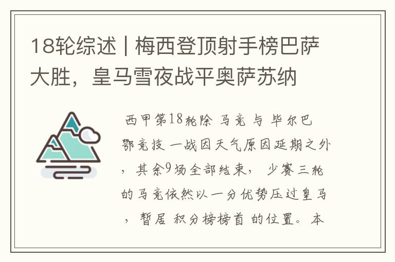 18轮综述 | 梅西登顶射手榜巴萨大胜,皇马雪夜战平奥萨苏纳