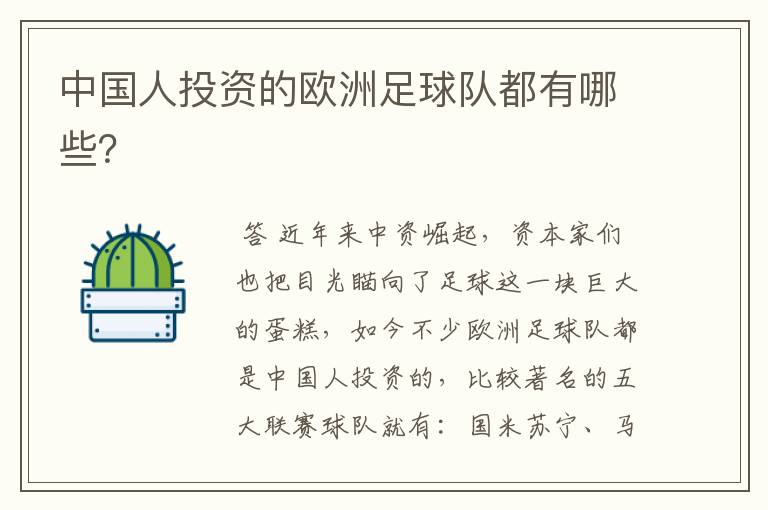 中国人投资的欧洲足球队都有哪些?