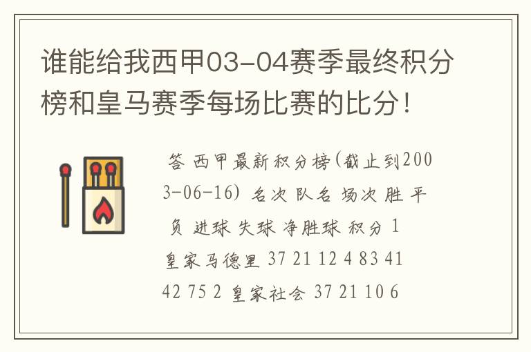 谁能给我西甲03-04赛季最终积分榜和皇马赛季每场比赛的比分!